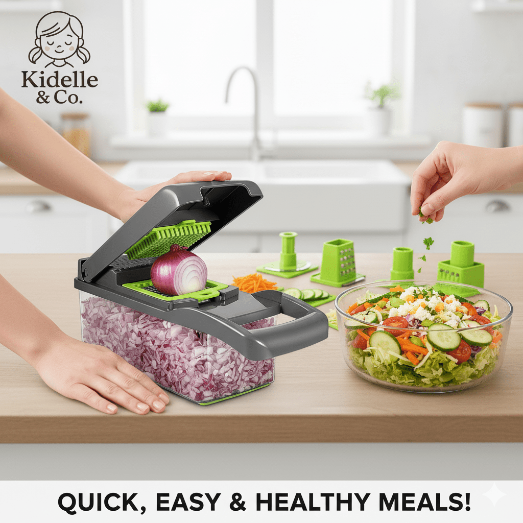 14 - in - 1 Vegetable Chopper | Onion Chopper, Slicer, Dicer & Potato Peeler with 8 Blades - KIDELLE & CO.