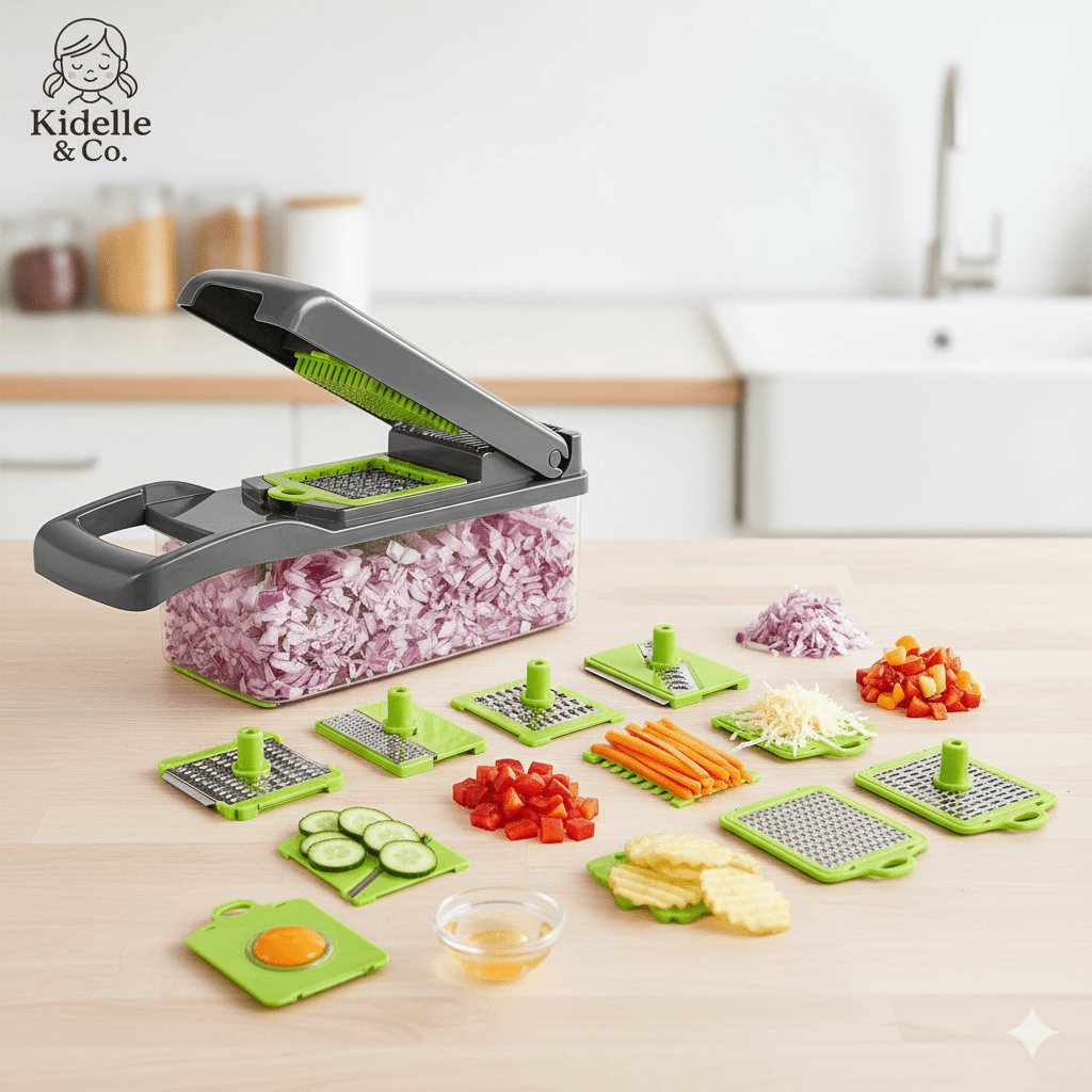 14 - in - 1 Vegetable Chopper | Onion Chopper, Slicer, Dicer & Potato Peeler with 8 Blades - KIDELLE & CO.