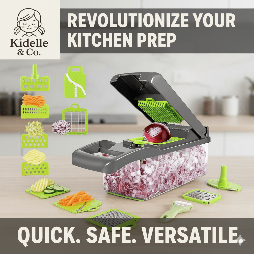 14 - in - 1 Vegetable Chopper | Onion Chopper, Slicer, Dicer & Potato Peeler with 8 Blades - KIDELLE & CO.