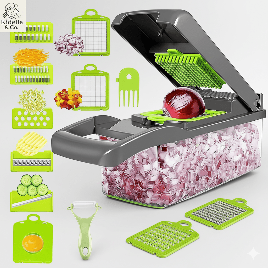 14 - in - 1 Vegetable Chopper | Onion Chopper, Slicer, Dicer & Potato Peeler with 8 Blades - KIDELLE & CO.