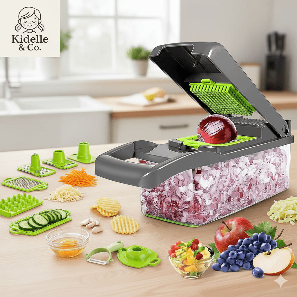 14 - in - 1 Vegetable Chopper | Onion Chopper, Slicer, Dicer & Potato Peeler with 8 Blades - KIDELLE & CO.