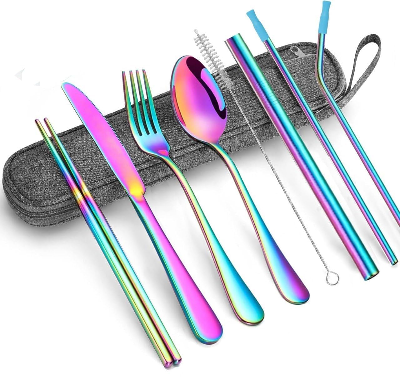 Portable Reusable Utensils Set – 8-Piece Stainless Steel Travel Cutlery with Case (Knife, Fork, Spoon, Chopsticks, Boba Straw) – Rainbow Finish