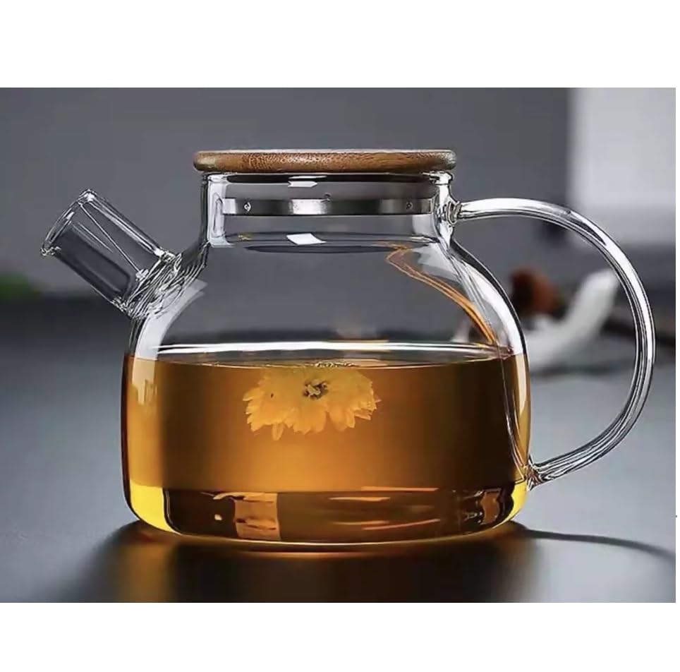 1L Glass Teapot with Wooden Lid – Stovetop & Microwave Safe, Removable Filter Spout for Loose Leaf, Blooming & Fruit Tea - KIDELLE & CO.