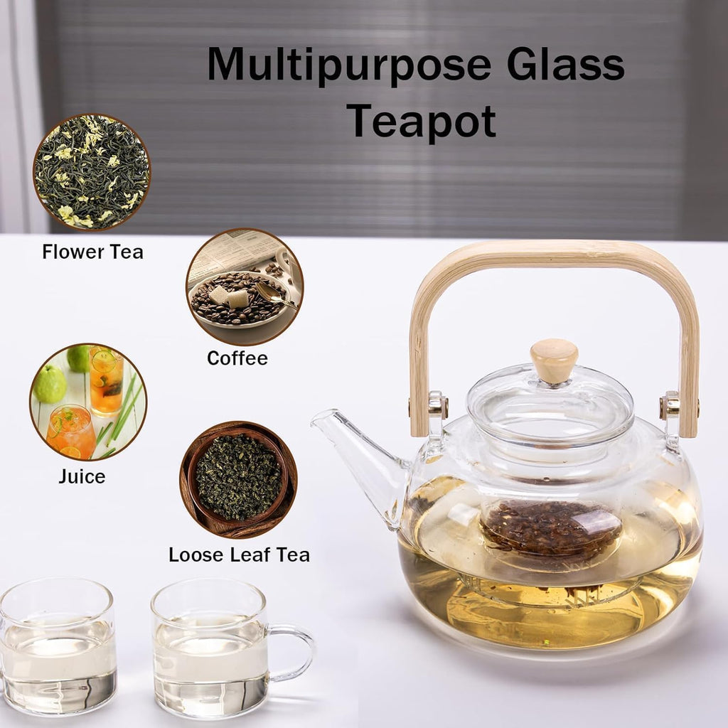 Borosilicate Glass Teapot with Wooden Handle & Lid – 1L Heat - Resistant Clear Kettle for Loose Leaf Tea, Flower Tea & Herbal Infusions - KIDELLE & CO.