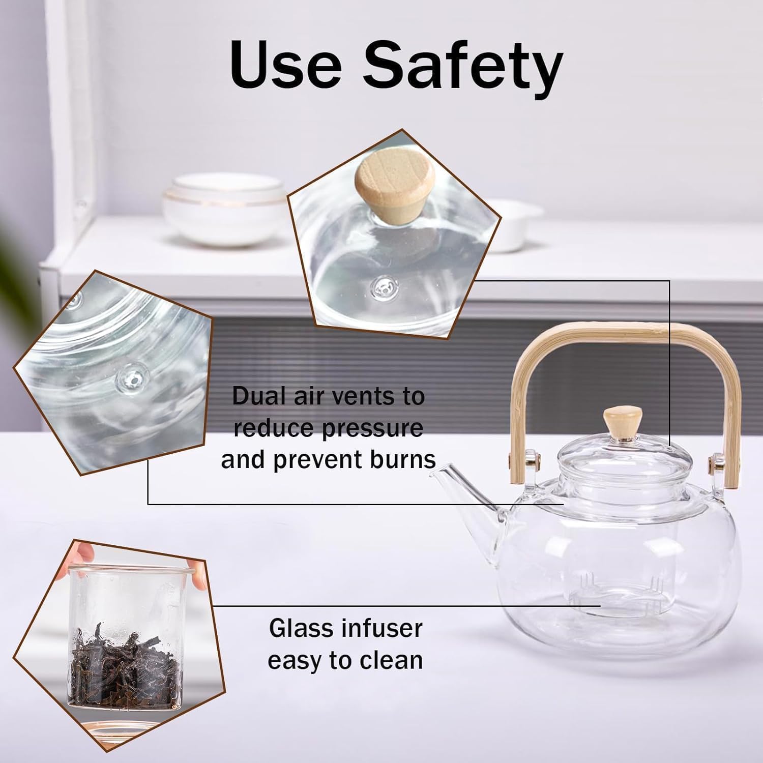 Borosilicate Glass Teapot with Wooden Handle & Lid – 1L Heat - Resistant Clear Kettle for Loose Leaf Tea, Flower Tea & Herbal Infusions - KIDELLE & CO.
