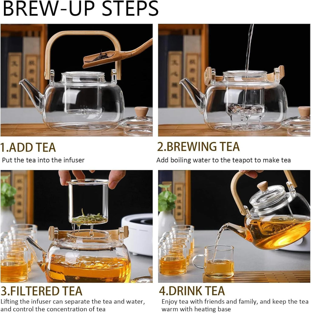 Borosilicate Glass Teapot with Wooden Handle & Lid – 1L Heat - Resistant Clear Kettle for Loose Leaf Tea, Flower Tea & Herbal Infusions - KIDELLE & CO.