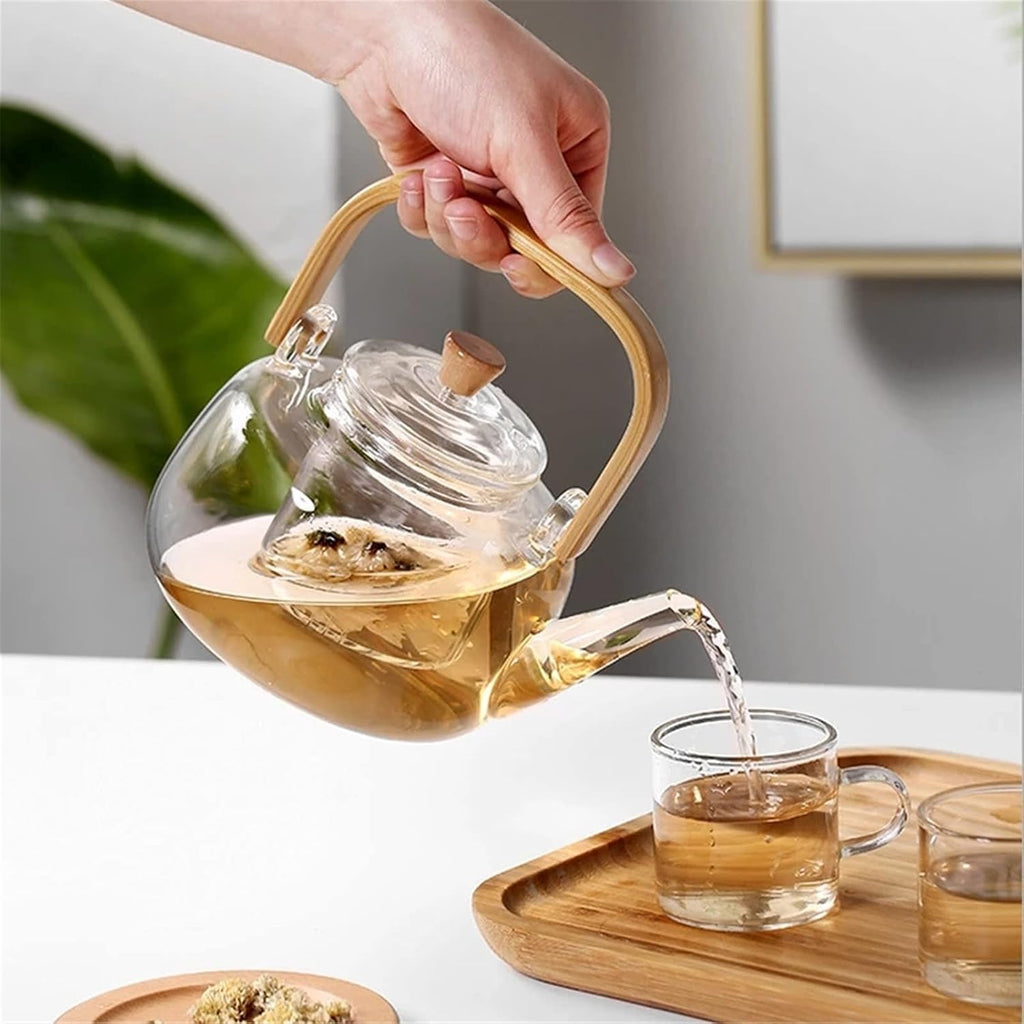 Borosilicate Glass Teapot with Wooden Handle & Lid – 1L Heat - Resistant Clear Kettle for Loose Leaf Tea, Flower Tea & Herbal Infusions - KIDELLE & CO.