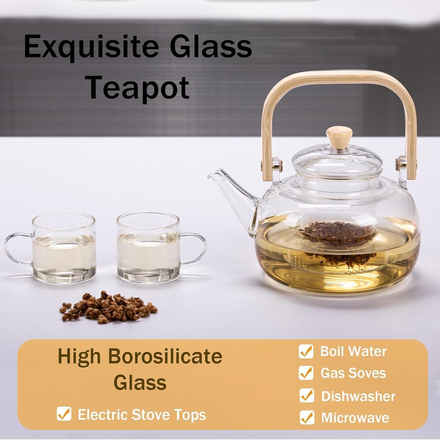Borosilicate Glass Teapot with Wooden Handle & Lid – 1L Heat - Resistant Clear Kettle for Loose Leaf Tea, Flower Tea & Herbal Infusions - KIDELLE & CO.