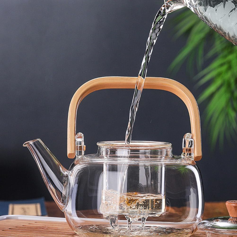 Borosilicate Glass Teapot with Wooden Handle & Lid – 1L Heat - Resistant Clear Kettle for Loose Leaf Tea, Flower Tea & Herbal Infusions - KIDELLE & CO.