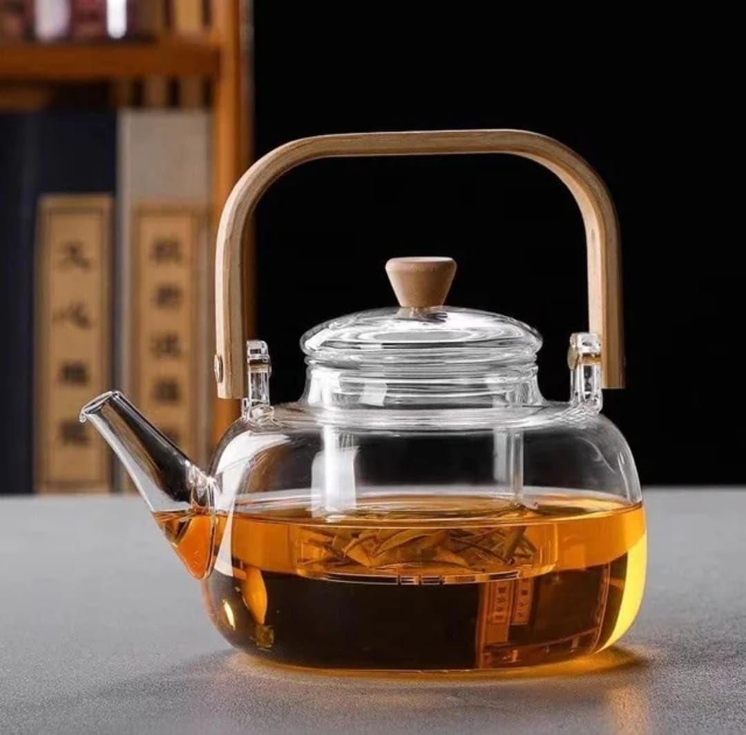 Borosilicate Glass Teapot with Wooden Handle & Lid – 1L Heat - Resistant Clear Kettle for Loose Leaf Tea, Flower Tea & Herbal Infusions - KIDELLE & CO.