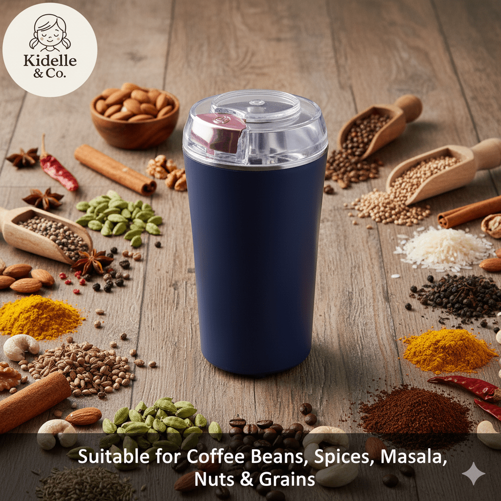 Electric Coffee Grinder & Masala Spice Grinder – Portable Stainless Steel 4 - Blade Dry Grinder (Medium) - KIDELLE & CO.