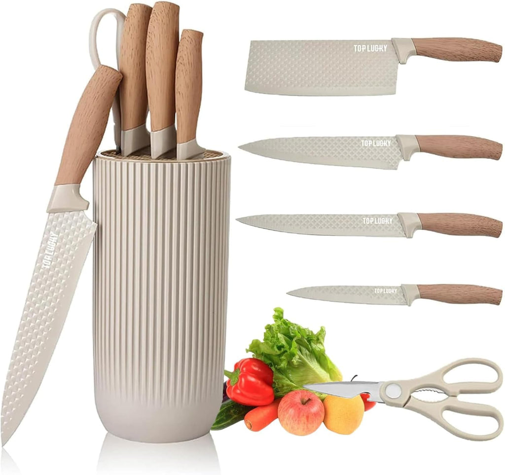 Kitchen Knife Set with Stand – 6 Pcs High Carbon Stainless Steel Knives (4 Knives, 1 Scissor, 1 Stand) – Khaki - KIDELLE & CO.
