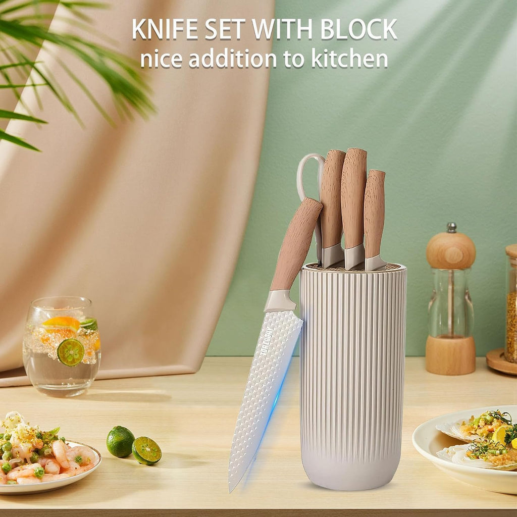 Kitchen Knife Set with Stand – 6 Pcs High Carbon Stainless Steel Knives (4 Knives, 1 Scissor, 1 Stand) – Khaki - KIDELLE & CO.