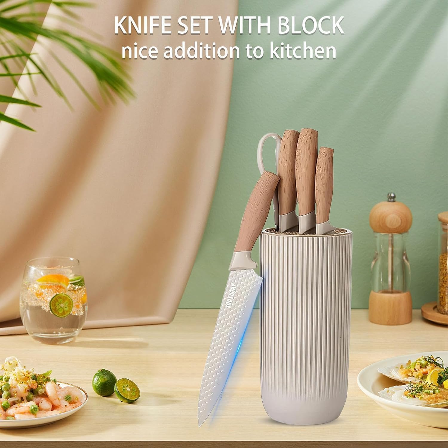 Kitchen Knife Set with Stand – 6 Pcs High Carbon Stainless Steel Knives (4 Knives, 1 Scissor, 1 Stand) – Khaki - KIDELLE & CO.