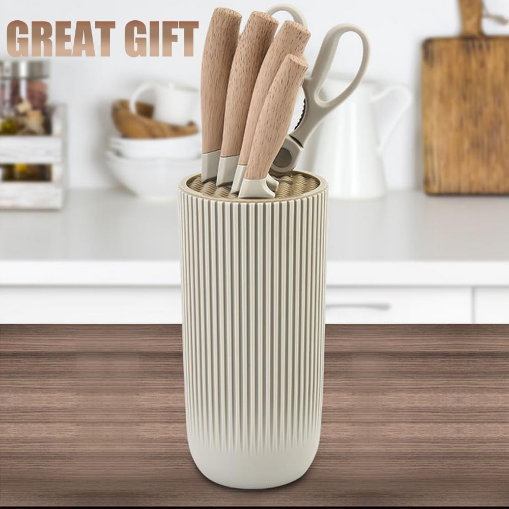 Kitchen Knife Set with Stand – 6 Pcs High Carbon Stainless Steel Knives (4 Knives, 1 Scissor, 1 Stand) – Khaki - KIDELLE & CO.