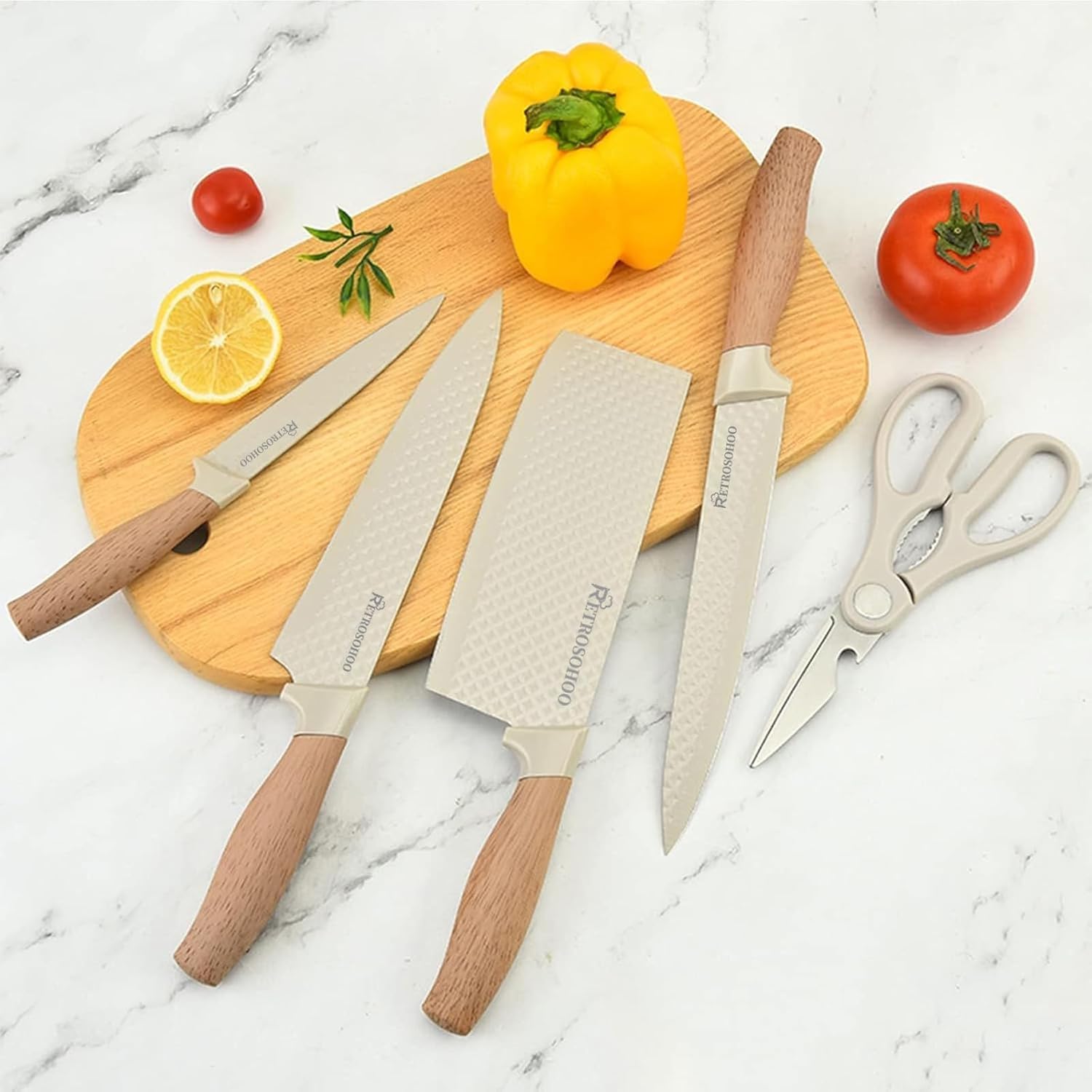 Kitchen Knife Set with Stand – 6 Pcs High Carbon Stainless Steel Knives (4 Knives, 1 Scissor, 1 Stand) – Khaki - KIDELLE & CO.