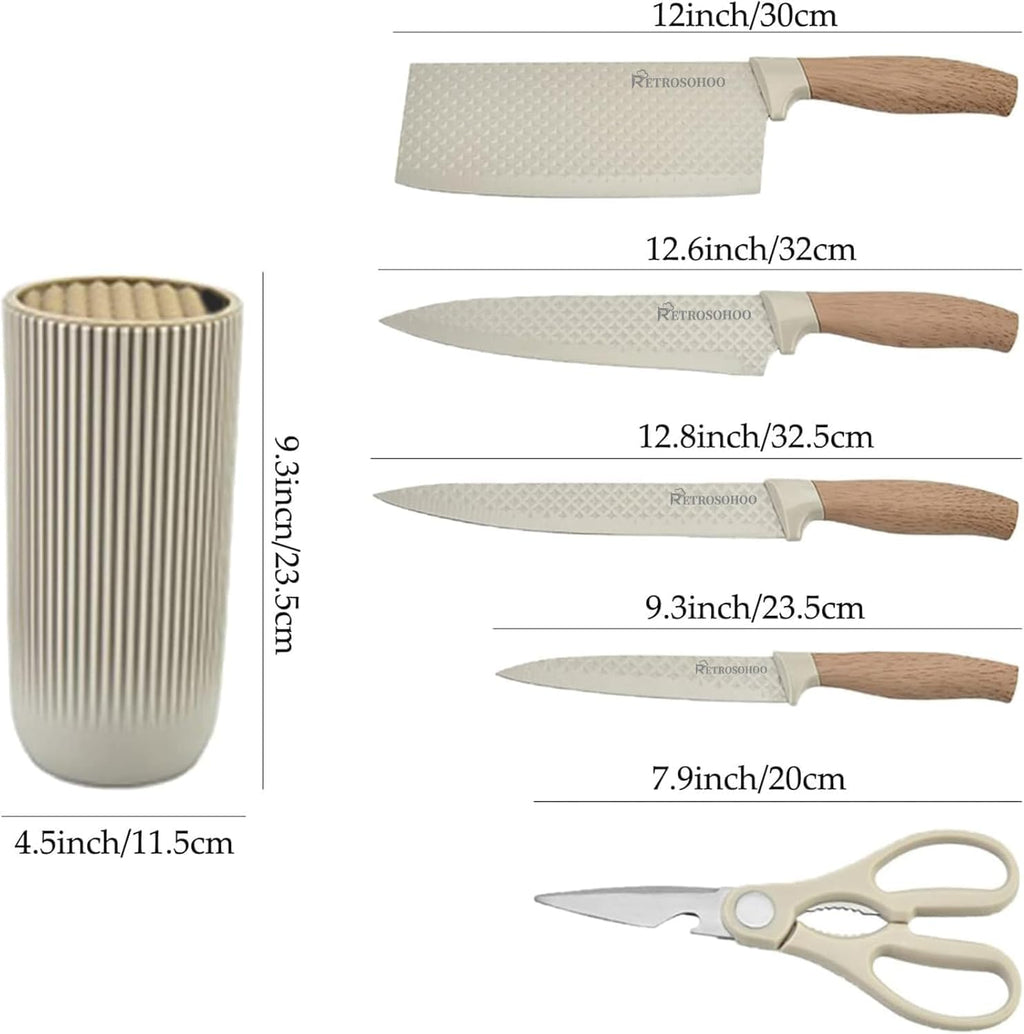 Kitchen Knife Set with Stand – 6 Pcs High Carbon Stainless Steel Knives (4 Knives, 1 Scissor, 1 Stand) – Khaki - KIDELLE & CO.