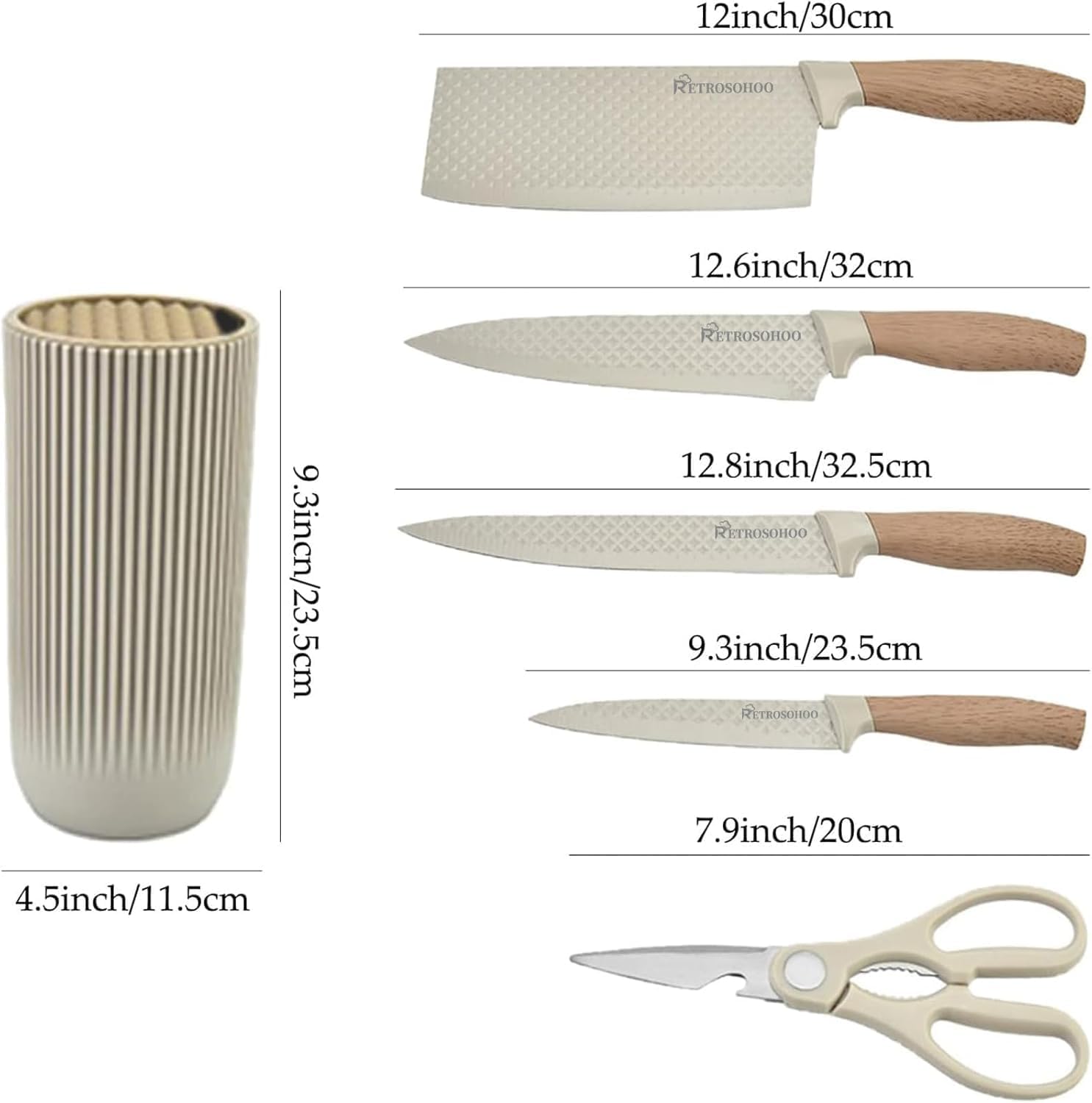 Kitchen Knife Set with Stand – 6 Pcs High Carbon Stainless Steel Knives (4 Knives, 1 Scissor, 1 Stand) – Khaki - KIDELLE & CO.