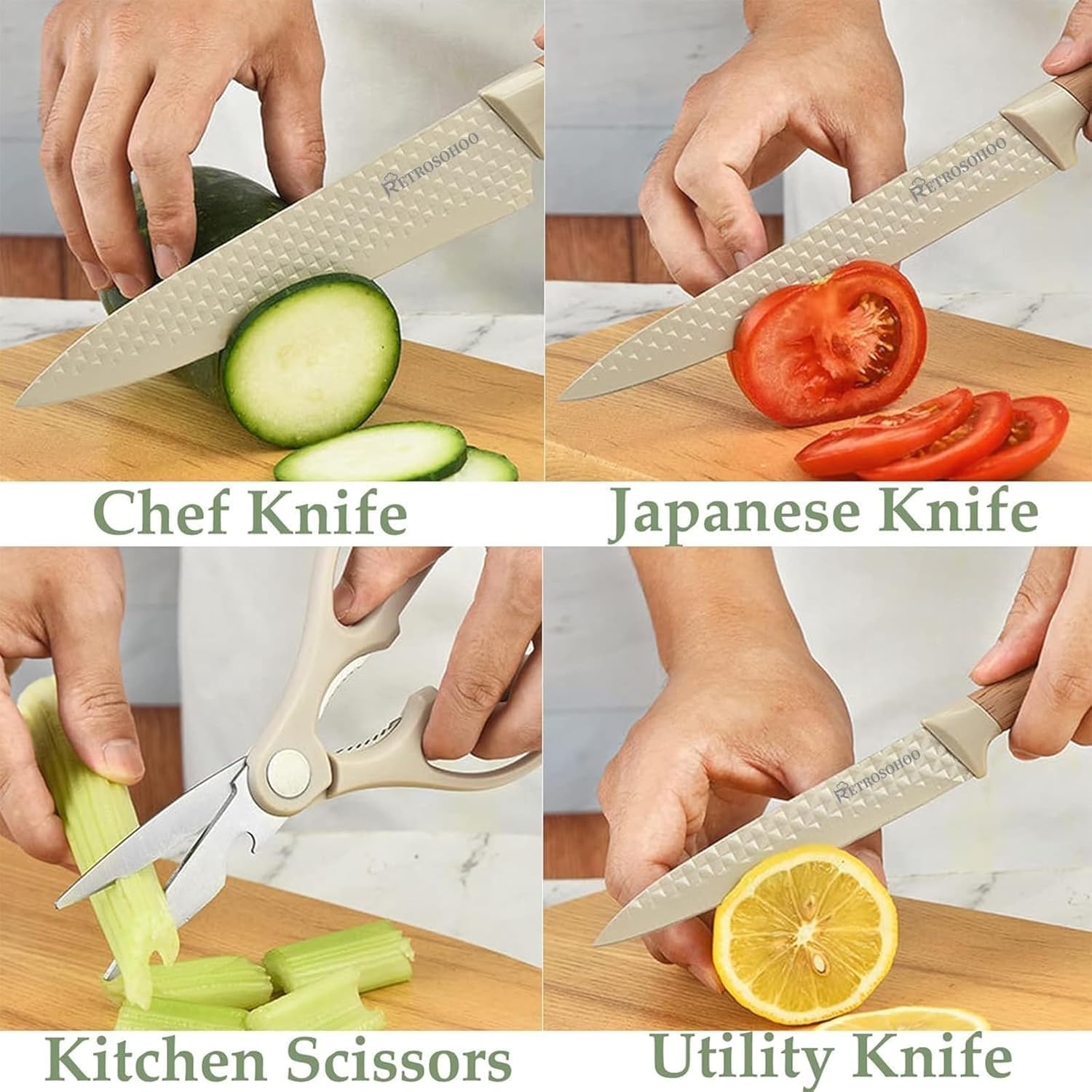Kitchen Knife Set with Stand – 6 Pcs High Carbon Stainless Steel Knives (4 Knives, 1 Scissor, 1 Stand) – Khaki - KIDELLE & CO.