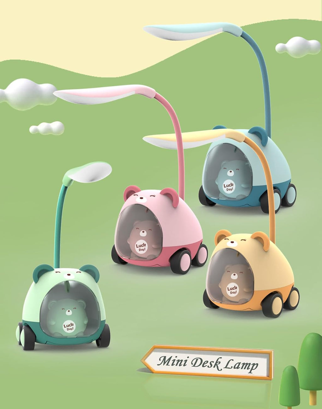 Portable LED Cartoon Table Light with Pen Holder & Pencil Sharpener – Foldable USB Rechargeable Night Light for Kids’ Bedside & Study Desk - KIDELLE & CO.