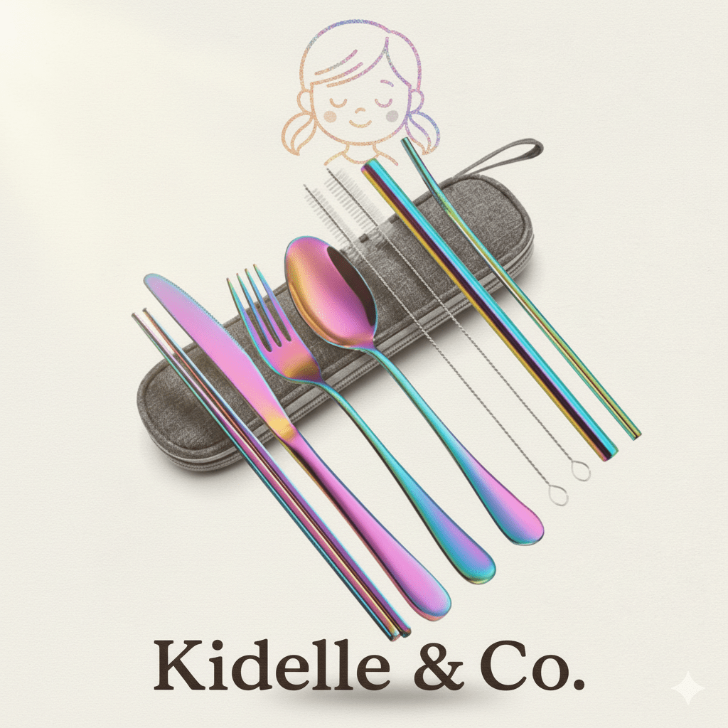 Portable Reusable Utensils Set – 8 - Piece Stainless Steel Travel Cutlery with Case (Knife, Fork, Spoon, Chopsticks, Boba Straw) – Rainbow Finish - KIDELLE & CO.