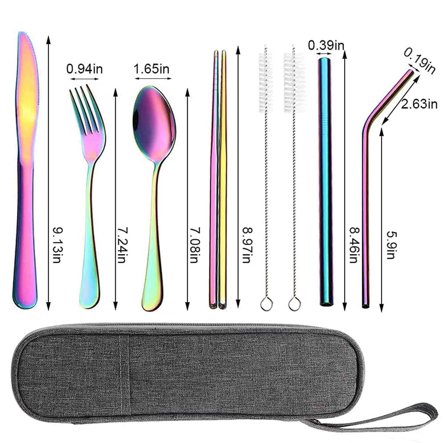 Portable Reusable Utensils Set – 8 - Piece Stainless Steel Travel Cutlery with Case (Knife, Fork, Spoon, Chopsticks, Boba Straw) – Rainbow Finish - KIDELLE & CO.