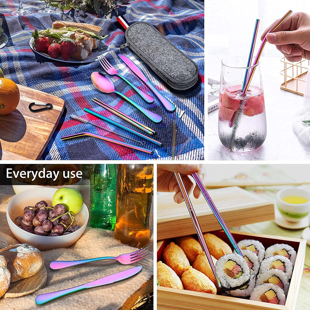 Portable Reusable Utensils Set – 8 - Piece Stainless Steel Travel Cutlery with Case (Knife, Fork, Spoon, Chopsticks, Boba Straw) – Rainbow Finish - KIDELLE & CO.