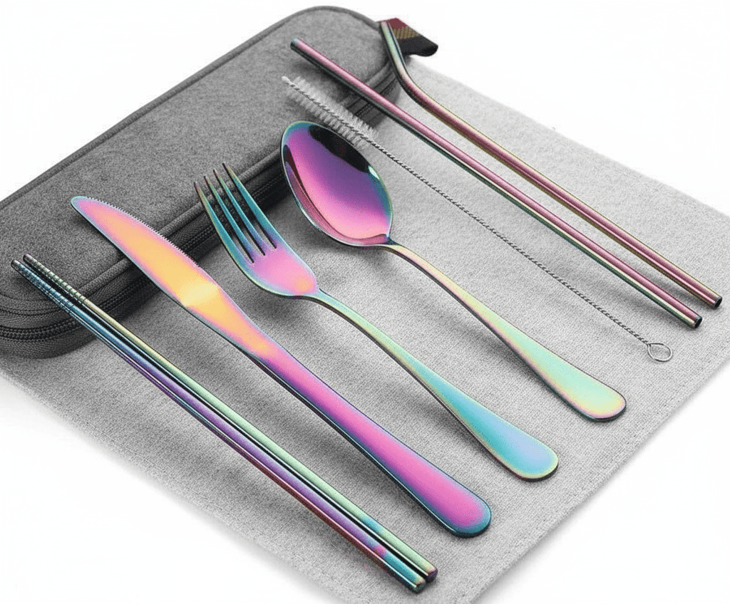Portable Reusable Utensils Set – 8 - Piece Stainless Steel Travel Cutlery with Case (Knife, Fork, Spoon, Chopsticks, Boba Straw) – Rainbow Finish - KIDELLE & CO.