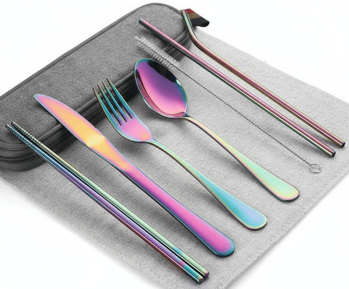 Portable Reusable Utensils Set – 8 - Piece Stainless Steel Travel Cutlery with Case (Knife, Fork, Spoon, Chopsticks, Boba Straw) – Rainbow Finish - KIDELLE & CO.