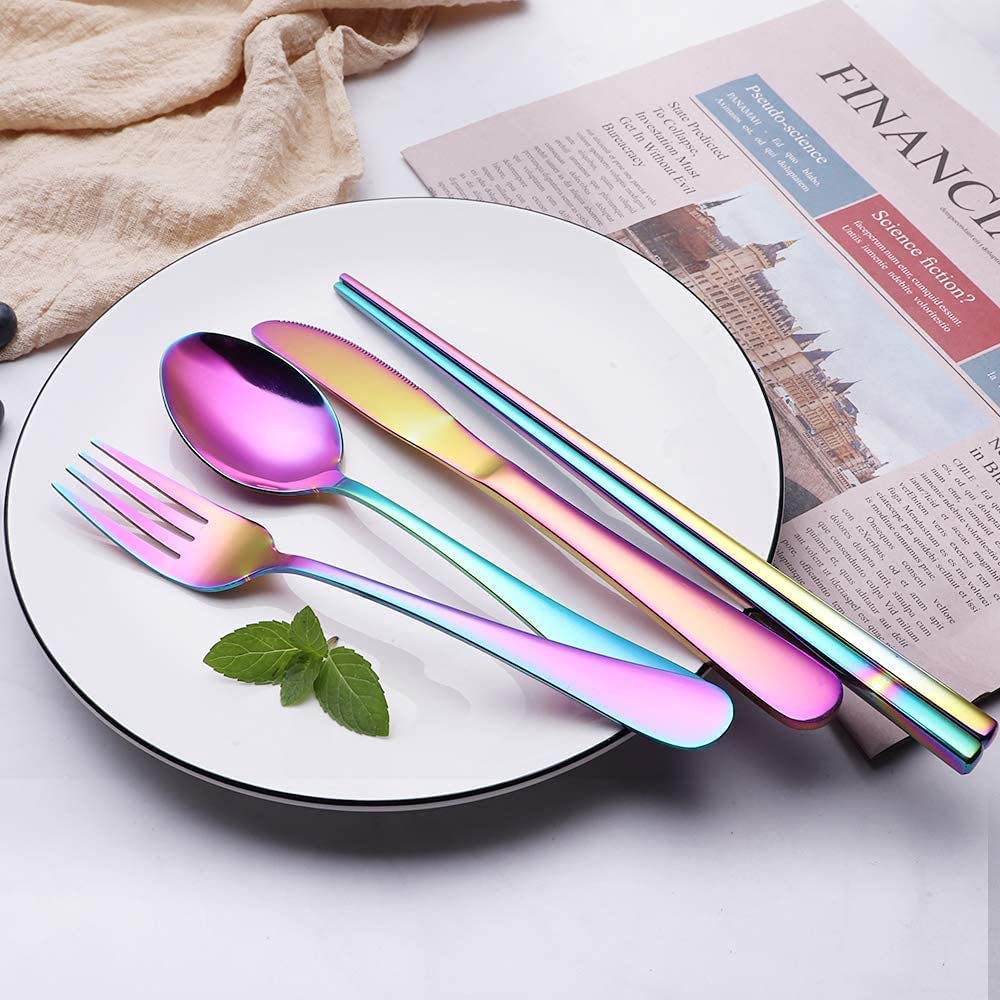 Portable Reusable Utensils Set – 8 - Piece Stainless Steel Travel Cutlery with Case (Knife, Fork, Spoon, Chopsticks, Boba Straw) – Rainbow Finish - KIDELLE & CO.