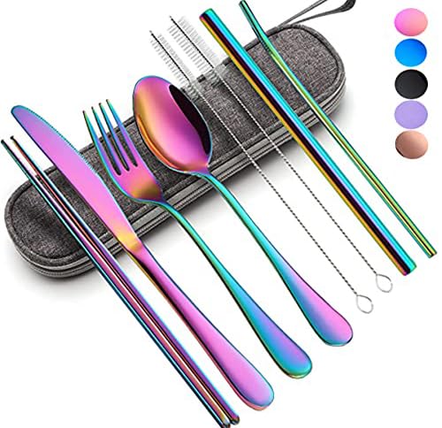 Portable Reusable Utensils Set – 8 - Piece Stainless Steel Travel Cutlery with Case (Knife, Fork, Spoon, Chopsticks, Boba Straw) – Rainbow Finish - KIDELLE & CO.