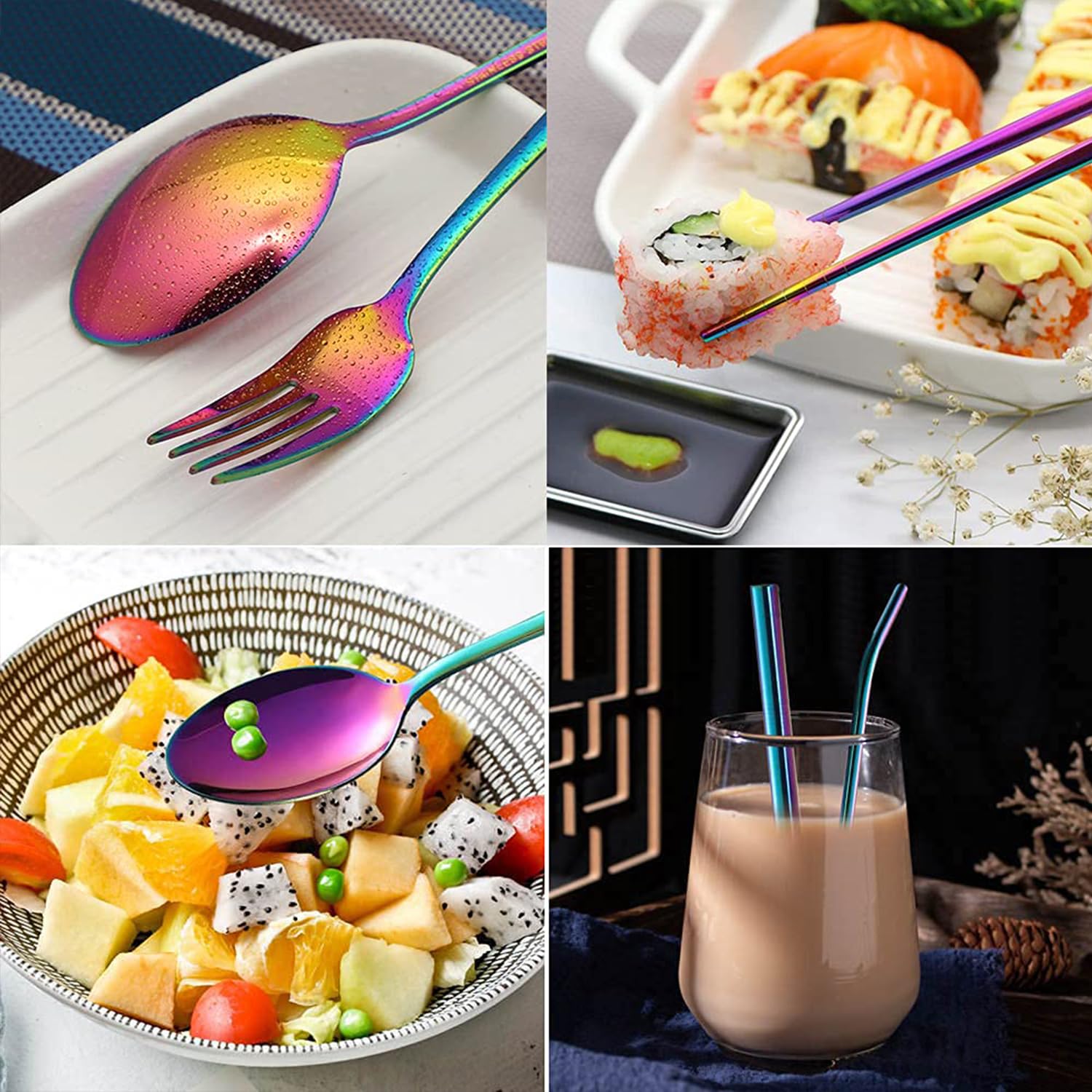 Portable Reusable Utensils Set – 8 - Piece Stainless Steel Travel Cutlery with Case (Knife, Fork, Spoon, Chopsticks, Boba Straw) – Rainbow Finish - KIDELLE & CO.