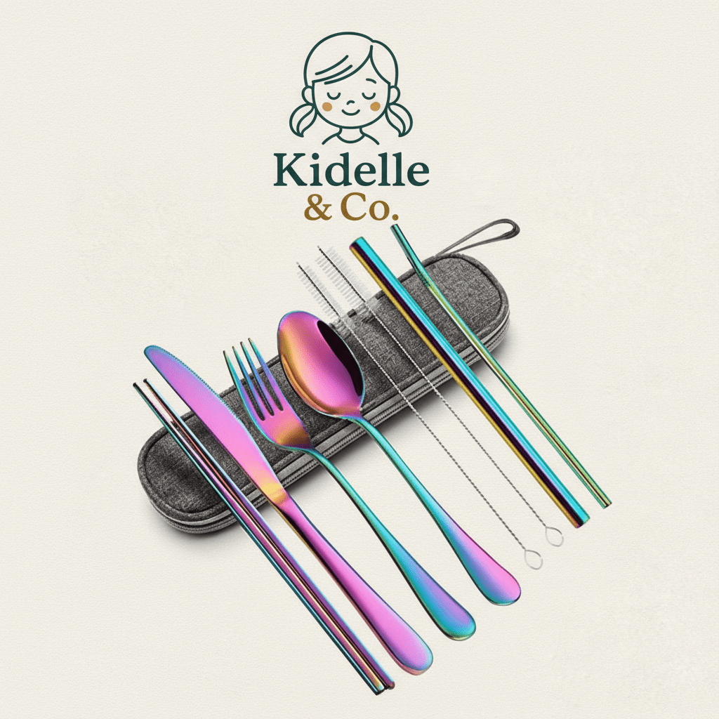 Portable Reusable Utensils Set – 8 - Piece Stainless Steel Travel Cutlery with Case (Knife, Fork, Spoon, Chopsticks, Boba Straw) – Rainbow Finish - KIDELLE & CO.