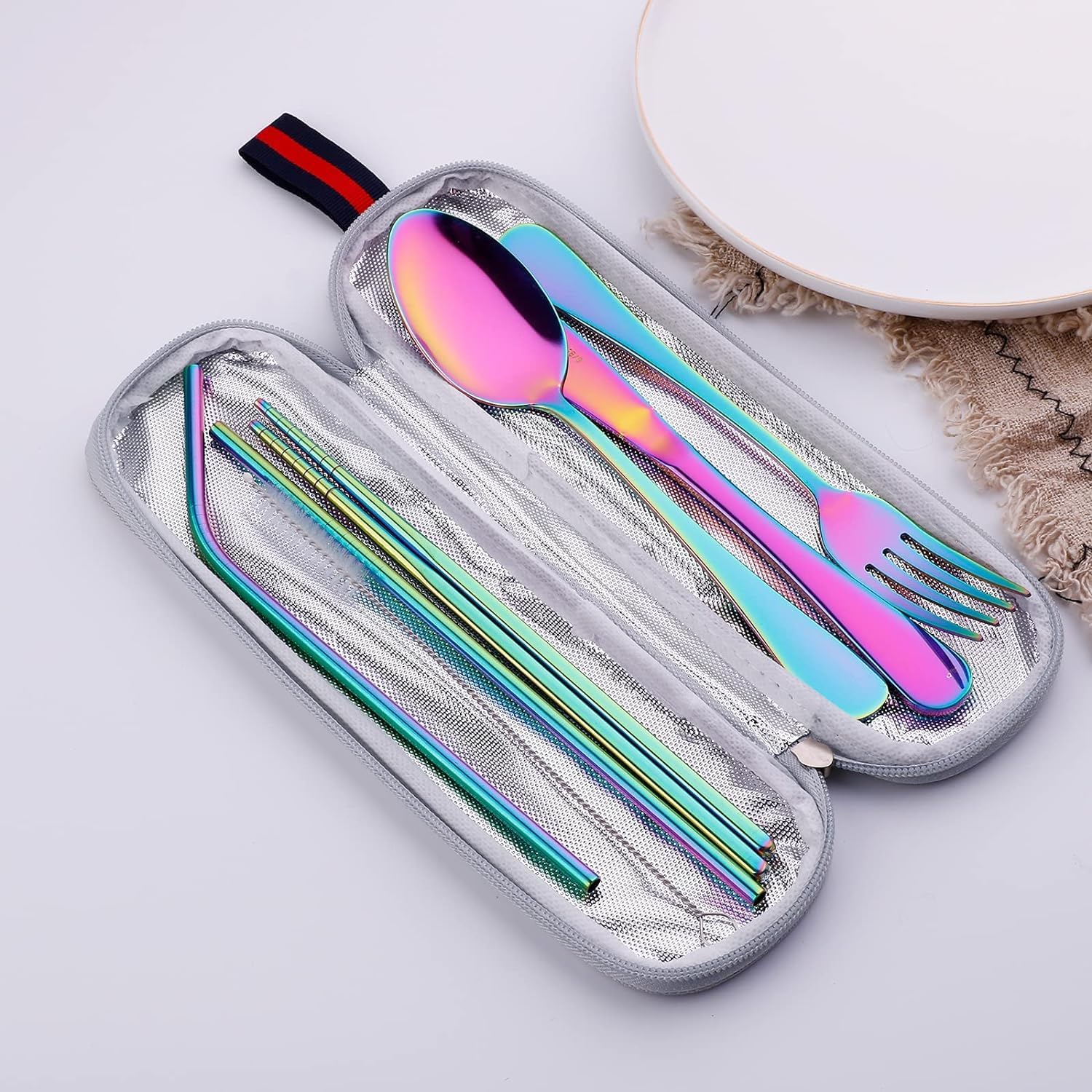 Portable Reusable Utensils Set – 8 - Piece Stainless Steel Travel Cutlery with Case (Knife, Fork, Spoon, Chopsticks, Boba Straw) – Rainbow Finish - KIDELLE & CO.