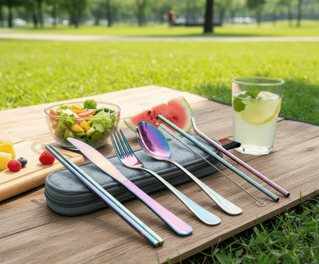 Portable Reusable Utensils Set – 8 - Piece Stainless Steel Travel Cutlery with Case (Knife, Fork, Spoon, Chopsticks, Boba Straw) – Rainbow Finish - KIDELLE & CO.