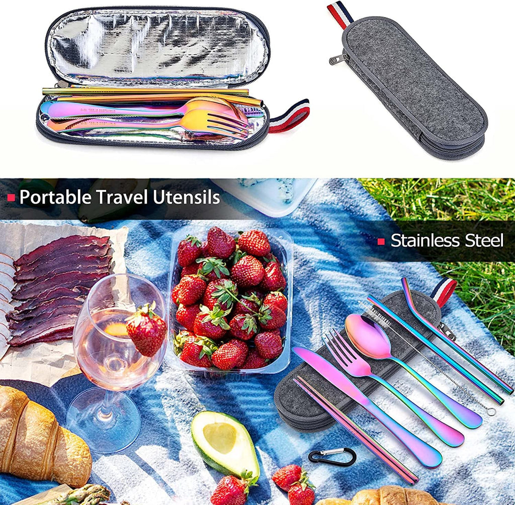 Portable Reusable Utensils Set – 8 - Piece Stainless Steel Travel Cutlery with Case (Knife, Fork, Spoon, Chopsticks, Boba Straw) – Rainbow Finish - KIDELLE & CO.