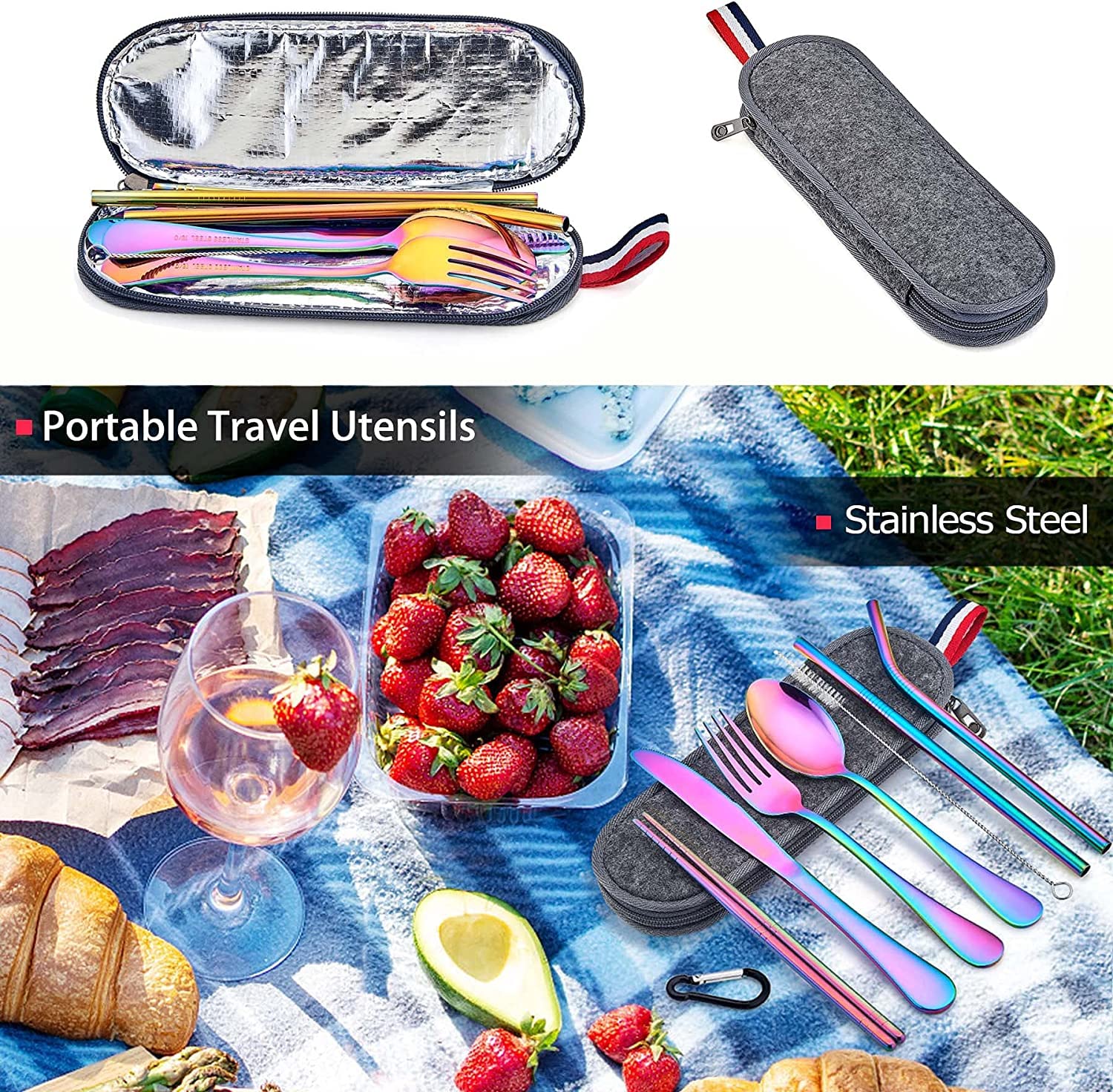 Portable Reusable Utensils Set – 8 - Piece Stainless Steel Travel Cutlery with Case (Knife, Fork, Spoon, Chopsticks, Boba Straw) – Rainbow Finish - KIDELLE & CO.