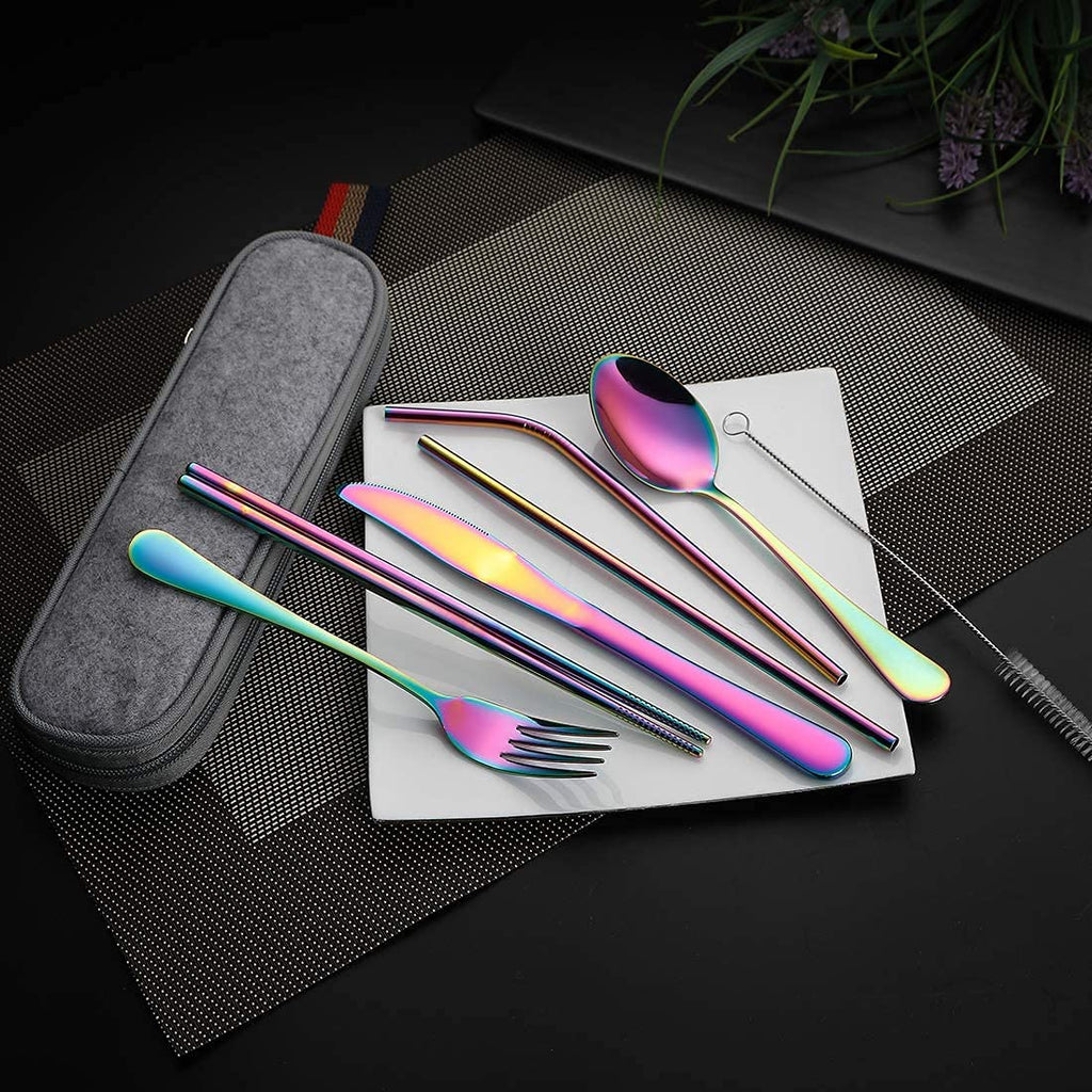 Portable Reusable Utensils Set – 8 - Piece Stainless Steel Travel Cutlery with Case (Knife, Fork, Spoon, Chopsticks, Boba Straw) – Rainbow Finish - KIDELLE & CO.