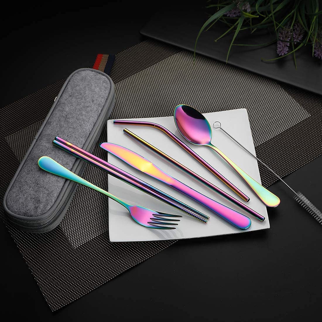 Portable Reusable Utensils Set – 8 - Piece Stainless Steel Travel Cutlery with Case (Knife, Fork, Spoon, Chopsticks, Boba Straw) – Rainbow Finish - KIDELLE & CO.
