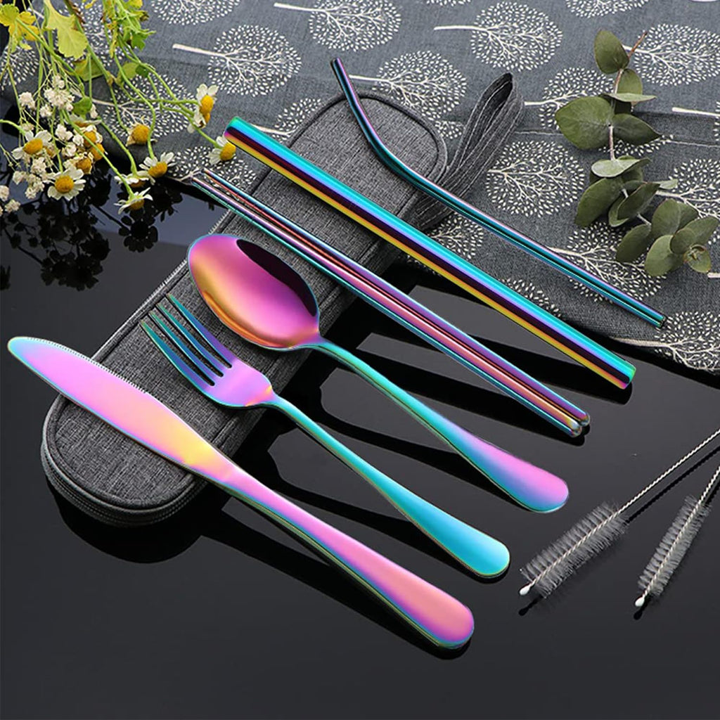 Portable Reusable Utensils Set – 8 - Piece Stainless Steel Travel Cutlery with Case (Knife, Fork, Spoon, Chopsticks, Boba Straw) – Rainbow Finish - KIDELLE & CO.