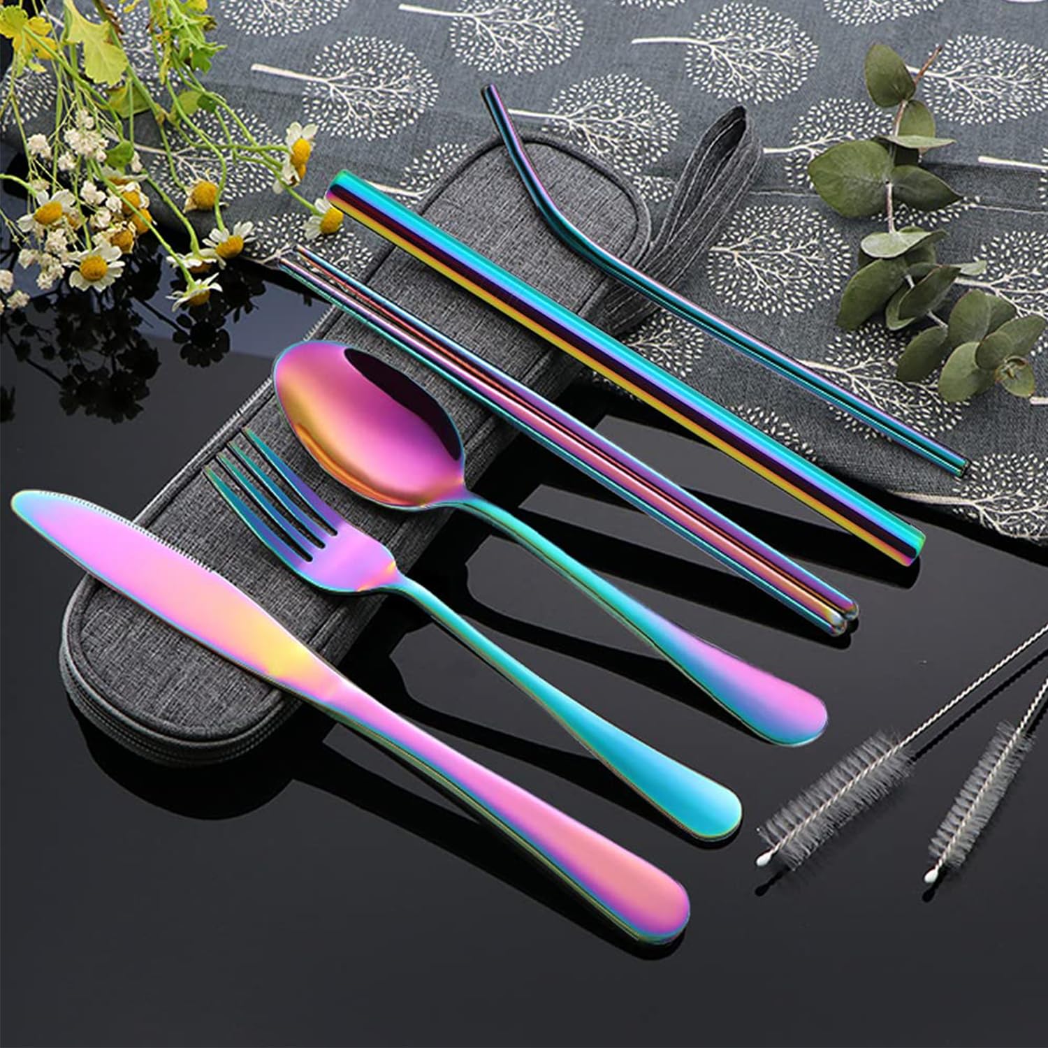Portable Reusable Utensils Set – 8 - Piece Stainless Steel Travel Cutlery with Case (Knife, Fork, Spoon, Chopsticks, Boba Straw) – Rainbow Finish - KIDELLE & CO.