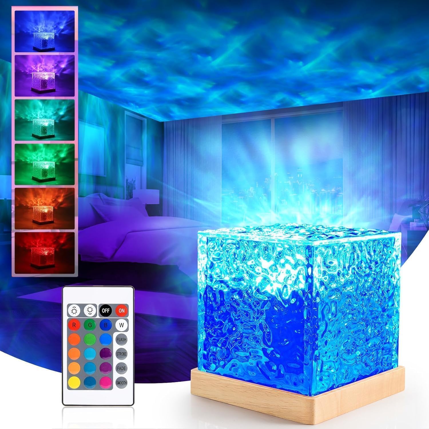 Romantic Ocean Wave Night Light Projector – 3D Water Wave LED Lamp with Remote | Acrylic Cube Shape | Multicolor Bedroom Decor - KIDELLE & CO.