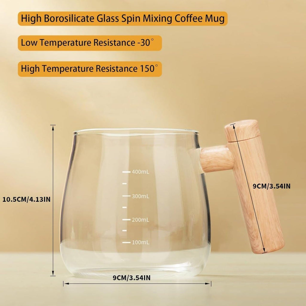 Self - Stirring Coffee Mixing Cup – Manual Milk Frother Jug with Wooden Handle & Lid, Glass Frother for Lattes, Cappuccinos & Hot Chocolate - KIDELLE & CO.