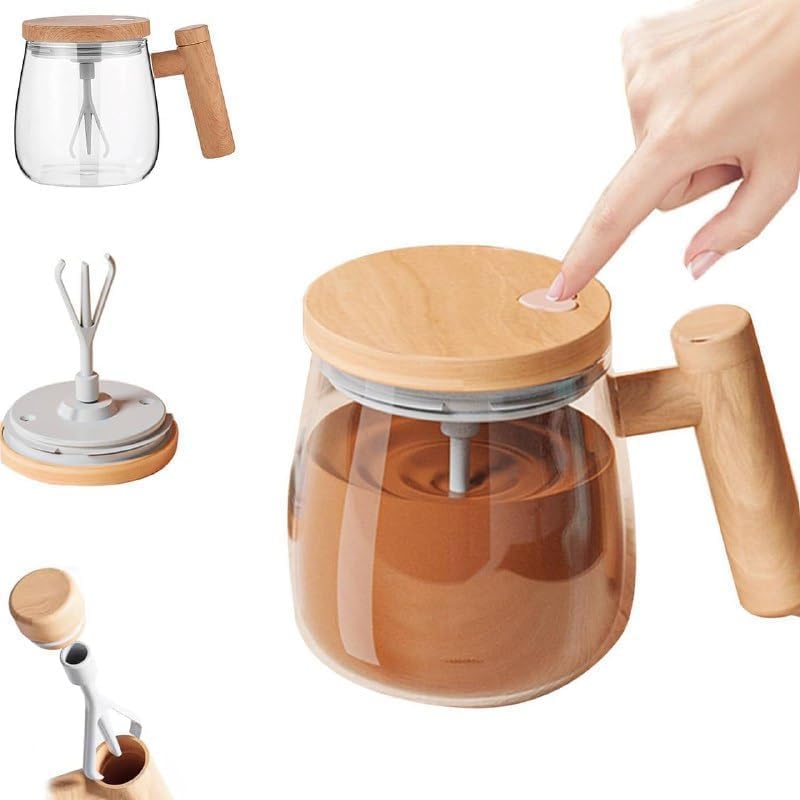 Self - Stirring Coffee Mixing Cup – Manual Milk Frother Jug with Wooden Handle & Lid, Glass Frother for Lattes, Cappuccinos & Hot Chocolate - KIDELLE & CO.