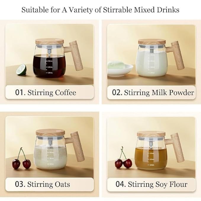 Self - Stirring Coffee Mixing Cup – Manual Milk Frother Jug with Wooden Handle & Lid, Glass Frother for Lattes, Cappuccinos & Hot Chocolate - KIDELLE & CO.