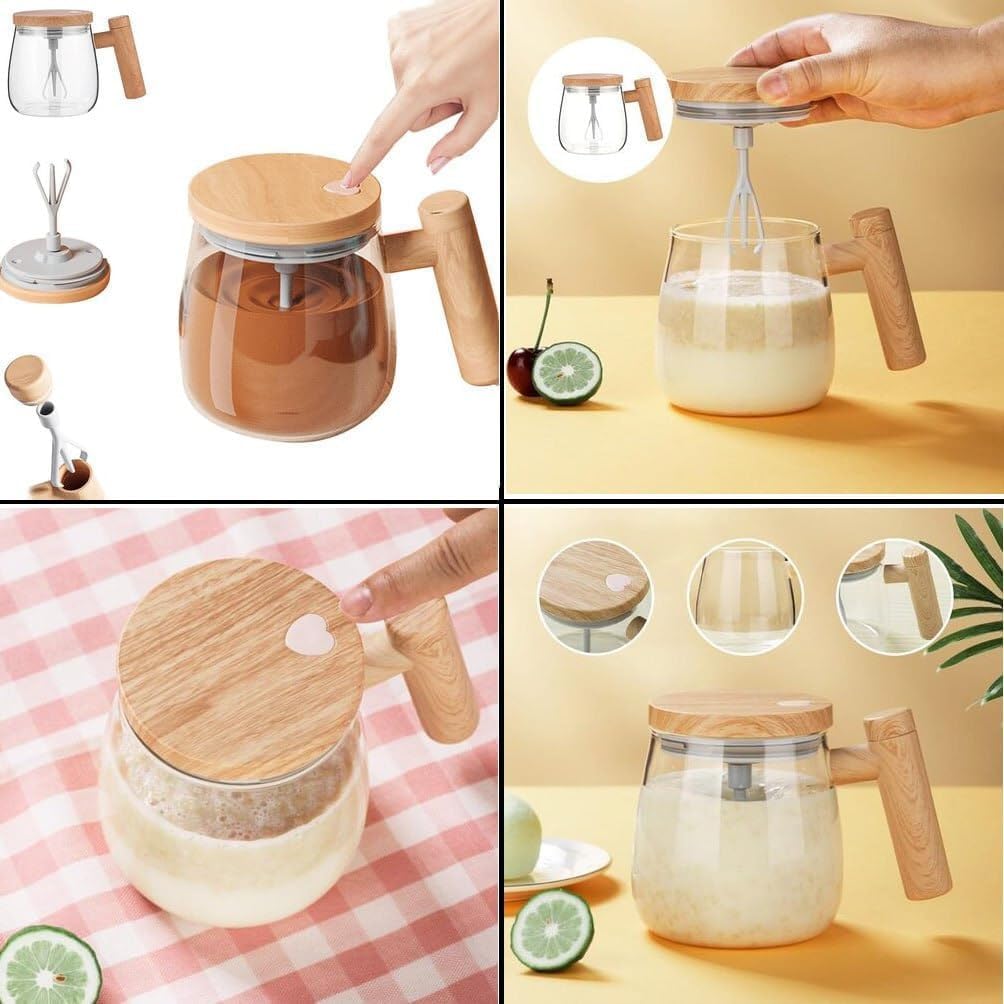 Self - Stirring Coffee Mixing Cup – Manual Milk Frother Jug with Wooden Handle & Lid, Glass Frother for Lattes, Cappuccinos & Hot Chocolate - KIDELLE & CO.