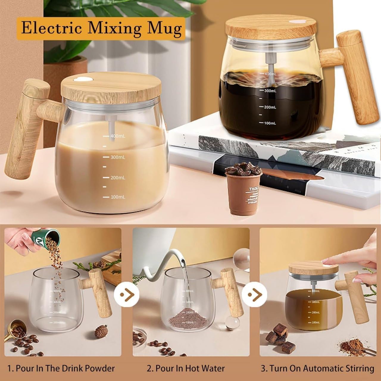 Self - Stirring Coffee Mixing Cup – Manual Milk Frother Jug with Wooden Handle & Lid, Glass Frother for Lattes, Cappuccinos & Hot Chocolate - KIDELLE & CO.