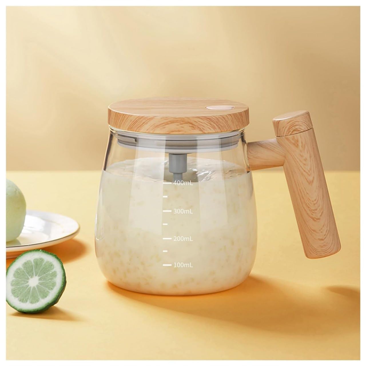 Self - Stirring Coffee Mixing Cup – Manual Milk Frother Jug with Wooden Handle & Lid, Glass Frother for Lattes, Cappuccinos & Hot Chocolate - KIDELLE & CO.