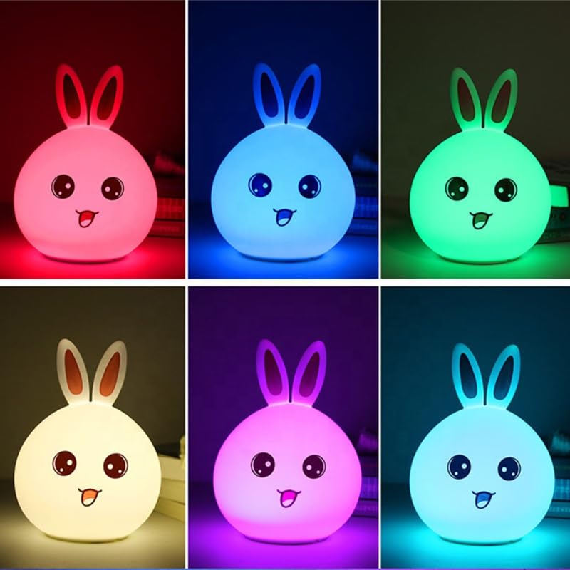 Silicone Rabbit Night Light – USB Rechargeable 7 - Color LED Lamp with Touch Sensor | Cute Kids Bedroom Décor & Baby Gift (Multicolor) - KIDELLE & CO.
