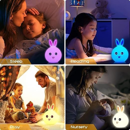 Silicone Rabbit Night Light – USB Rechargeable 7 - Color LED Lamp with Touch Sensor | Cute Kids Bedroom Décor & Baby Gift (Multicolor) - KIDELLE & CO.